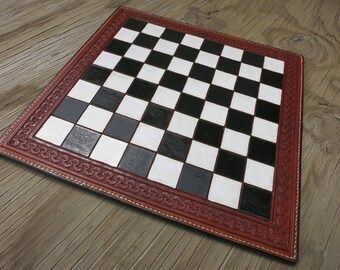 Leather Chessboard With Handpainted Squares..... Handtooled And Handstitched.
