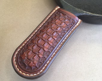 Leather Skillet Handle….. Beavertail….. Saddle Leather..... Handtooled..... Handstitched.