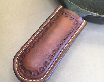 Leather Skillet Handle….. Beavertail….. Saddle Leather..... Handtooled..... Handstitched.