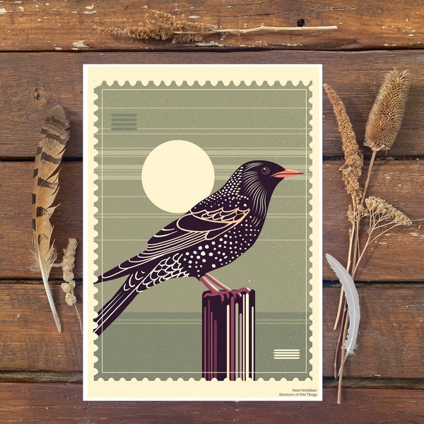 Starling poster, digital download bird illustration, art print