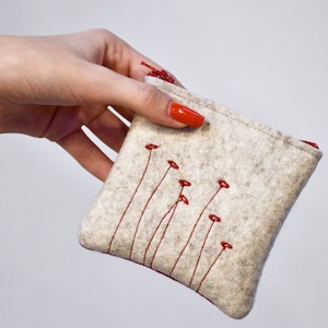 bolsa de feltro de lã com zíper, pequena bolsa para batom/chapstick em vermelho escuro e branco/cinza mesclado