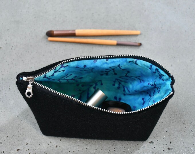Felt Makeup Bag in Black Bright Blue Lining Etsy
