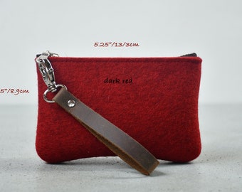 Merino wool felt zipper wallet/pouch, with small leather loop handle, choose your color