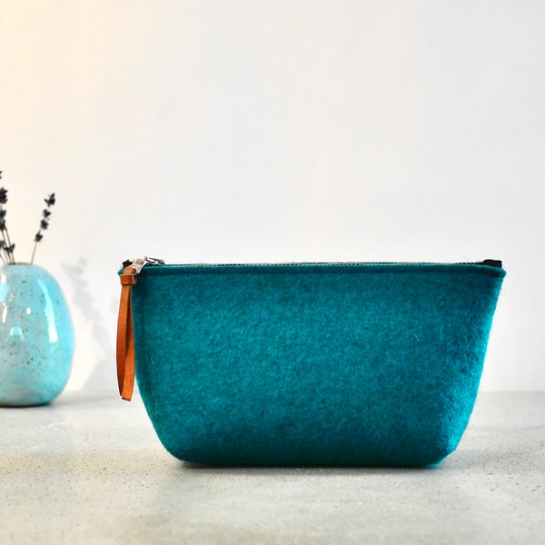 Merino wool felt makeup pouch in dark teal with 8" zipper and leather pull