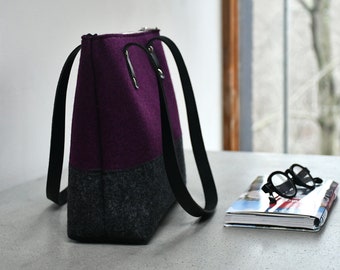Schoudertas van merinowolvilt op bestelling gemaakt, minimalistisch ontwerp met kleurblokken, voering met ritsvak, leren schouderbanden