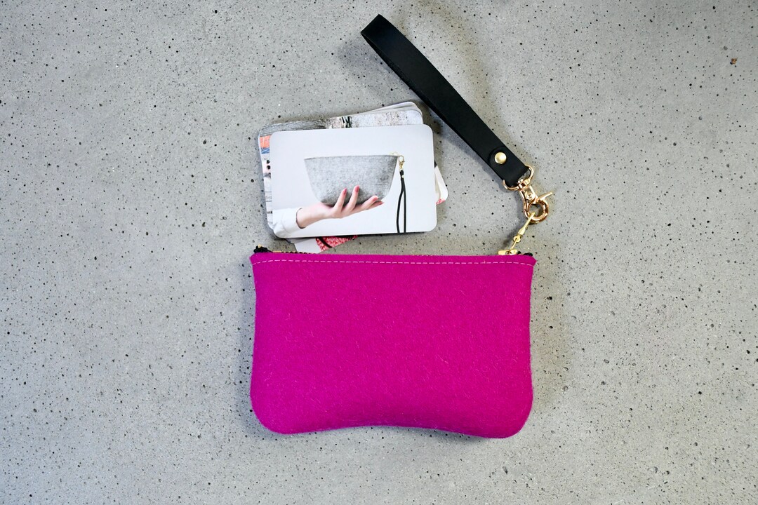 Merino Wool Felt Zipper Pouch in Hot Pink, With Short Loop Handle in