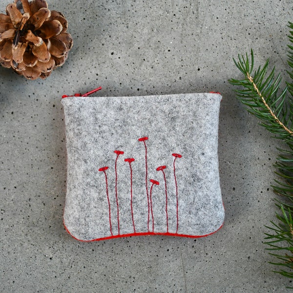 small floral makeup pouch, felt change purse in red and concrete grey, coin pouch, cable storage, tech accessories pouch