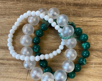 Green, white and clear beaded bracelet set, set of three bracelets, Beaded bracelet set