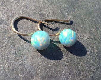Green Fire Opal Earrings on Solid 9ct Yellow Gold Hooks