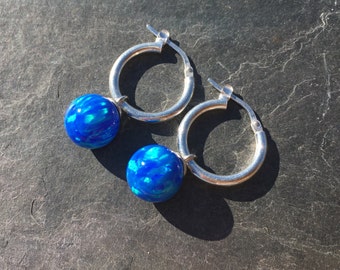 Intense Blue Opal Earrings on 925 Sterling Silver Hoops