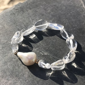 Large AAA White Baroque Pearl, 9k Gold Beads and Clear Quartz Crystal Nuggets. image 3