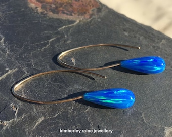 Intense Blue Opal Earrings on 9ct Yellow Gold Sweeping Hooks