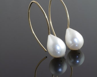 Large Drop Pearls on 9K Yellow Gold Sweeping Hooks