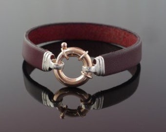 Leather Strap Bracelet with Rose Gold Bolt Clasp, Sterling Silver