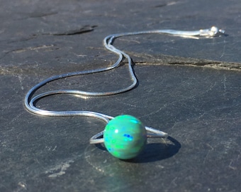Emerald Green Ball Opal Necklace Pendant with 925 Sterling Silver Chain