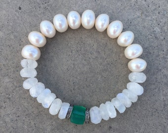 Large Freshwater Rondelle Pearls, Pave Diamond Spacers, Rainbow Moonstone and Green Onyx