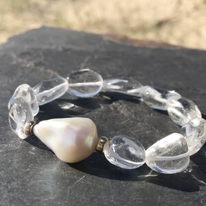 Large AAA White Baroque Pearl, 9k Gold Beads and Clear Quartz Crystal Nuggets. image 1