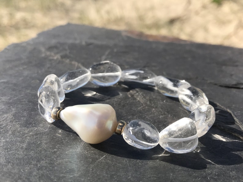 Large AAA White Baroque Pearl, 9k Gold Beads and Clear Quartz Crystal Nuggets. image 1