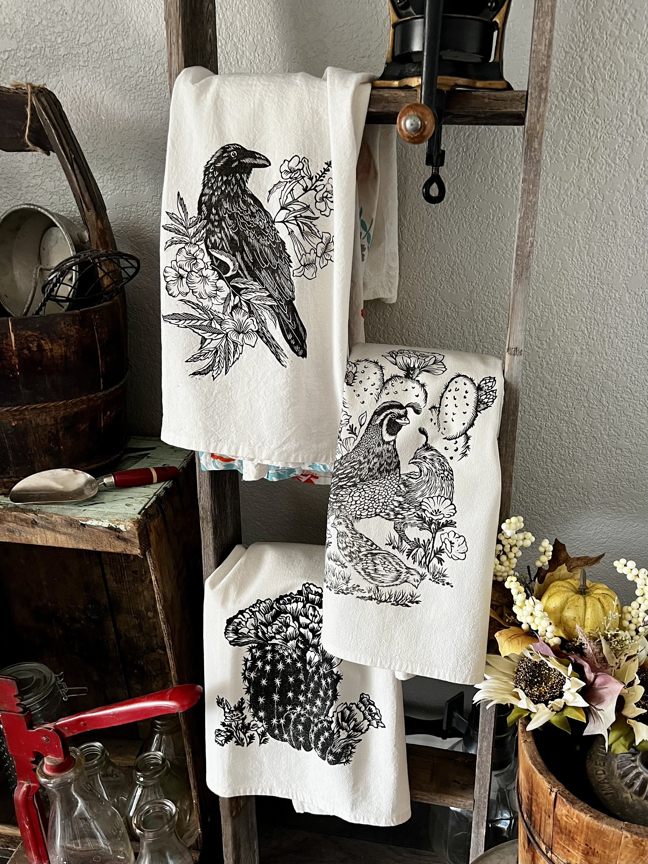 Hand Printed Claret Cactus Flour Sack Tea Towel, Linoleum Block