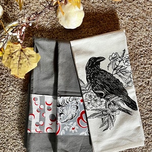 Hand Printed Raven Flour Sack Tea Towel SET, Vintage Feed Sack and Handprinted Tea Towel SET, Custom Printed Raven Tea Towel SET