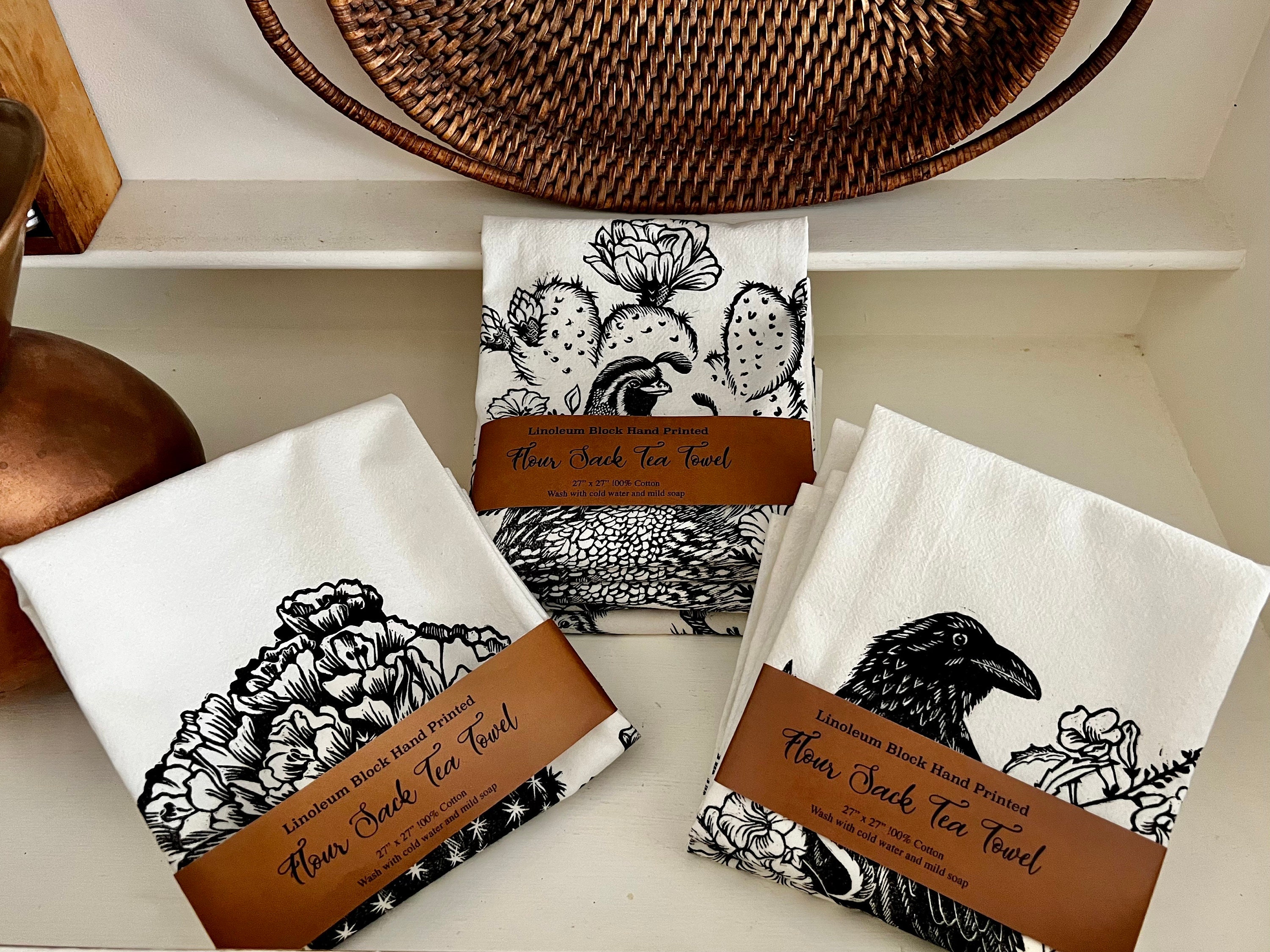 Hand Printed Claret Cactus Flour Sack Tea Towel, Linoleum Block