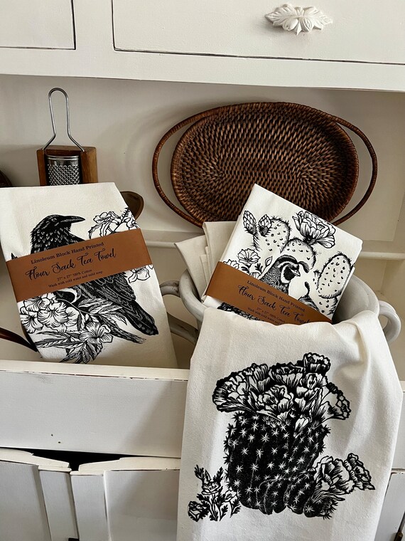 Hand Printed Claret Cactus Flour Sack Tea Towel, Linoleum Block