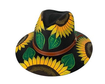 Handpainted Black Sunflower Artisanal Hat, Handcrafted Mexican Hat, Floral Sunflower Hat, Beach Palm Hat, Colorful Floral Hat Traditional