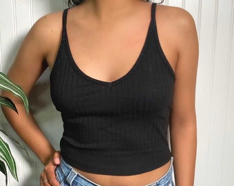 Womens Black Tank Top, Crop Top, Lounge Crop Top, gifts for her, Ribbed V-neck Crop tops, Cute Summer Crop Tops, Pastel Color Tops