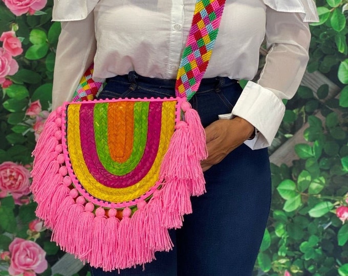 Rainbow Pink Mexican Palm Bags, Handmade Mexican Purse, Bag with Tassels, Hand Knit Strap, Oaxacan Style Bag, Traditional Artisanal Bag