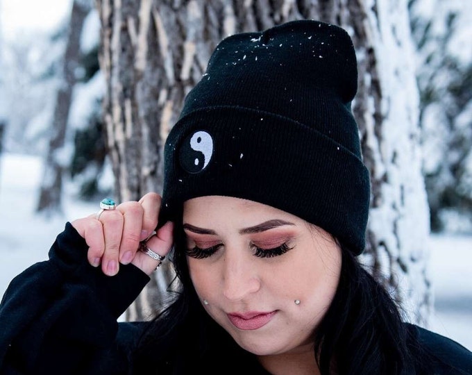 Yin Yang Unisex Cuffed Beanie Hat, Unisex Beanie, Peace Beanie, Yin Yang Hat, Black and White Beanie, Faith Beanie, Faith Hat, Gifts for Her