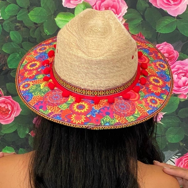 Floral Printed Mexican Panama Hat, Handcrafted Mexican Hat, Panama Hat with red Pom Poms, Straw Palm Hat, Oaxacan Traditional Floral Hat