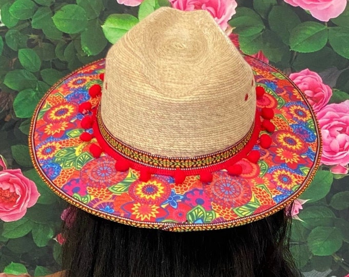 Floral Printed Mexican Panama Hat, Handcrafted Mexican Hat, Panama Hat with red Pom Poms, Straw Palm Hat, Oaxacan Traditional Floral Hat