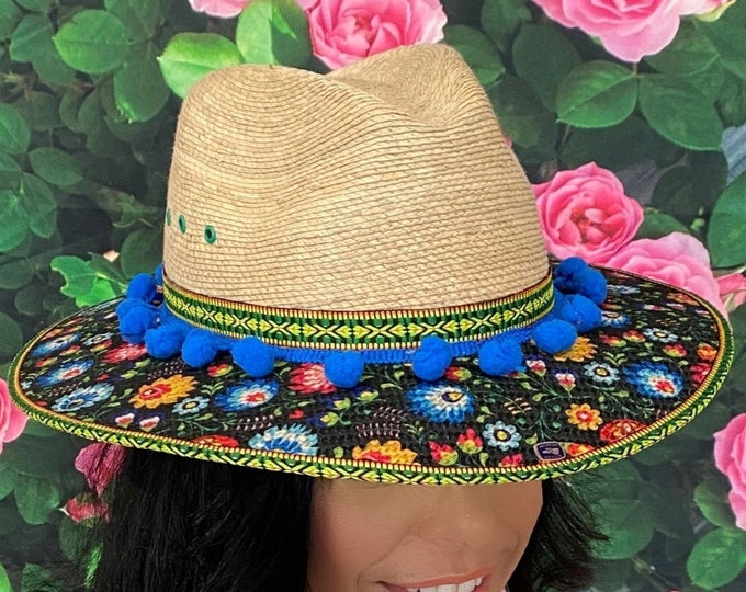 Blue Floral Mexican Panama Hat, Handcrafted Mexican Hat, Panama Hat with blue Pom Poms, Straw Palm Hat, Oaxacan Traditional Floral Hat