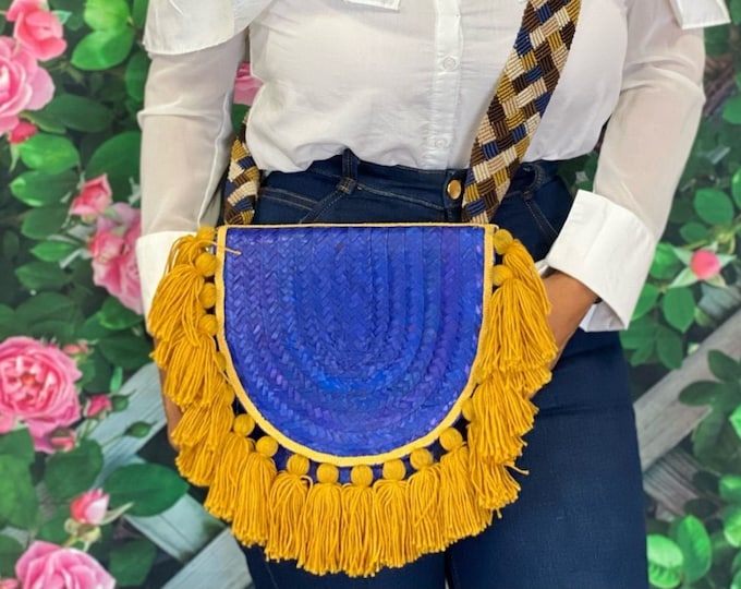 Blue Mexican Palm Bag, Handmade Mexican Purse, Purse with Tassels, Hand Knit Strap, Oaxacan Style Bag, Traditional Artisanal Straw Bag