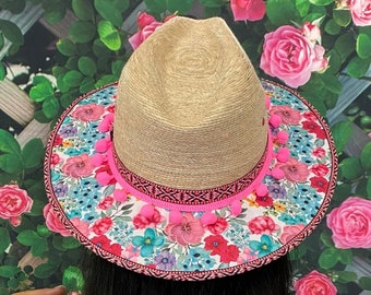 Artisanal Floral Mexican Panama Hat, Handcrafted Mexican Hat, Panama Hat with pink Pom Poms, Straw Palm Hat, Oaxacan Traditional floral Hat