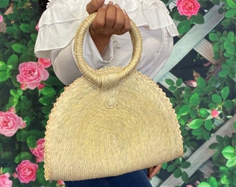 Handmade Straw Bag with Straw Handle, Circular Palm Bag, Handmade Straw Purse,  Beach Bag, Woven Straw Bag, tote bag Flower girl bag