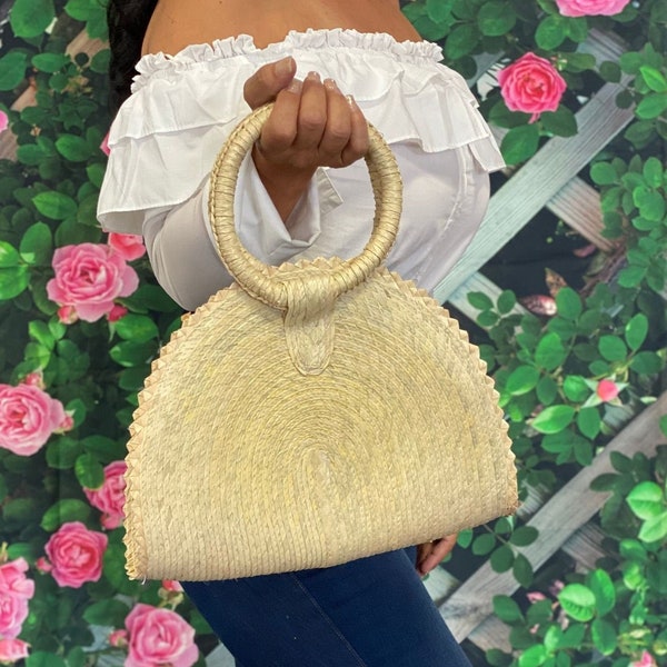 Handmade Straw Bag with Straw Handle, Circular Palm Bag, Handmade Straw Purse,  Beach Bag, Woven Straw Bag, tote bag Flower girl bag