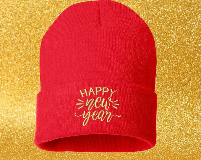 Happy New Year Hat Embroidered Beanie New Years Cuffed Cap Happy New Year 2024 Slouchy Beanie Couples Messy Bun Beanie Hat Long Beanie