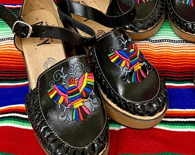 Otomi Embroidered Mexican Wedges Huarache Heels, Womens Summer Huaraches Mexican Artisan Huarache Handmade Leather Heels, Black Friday Deals