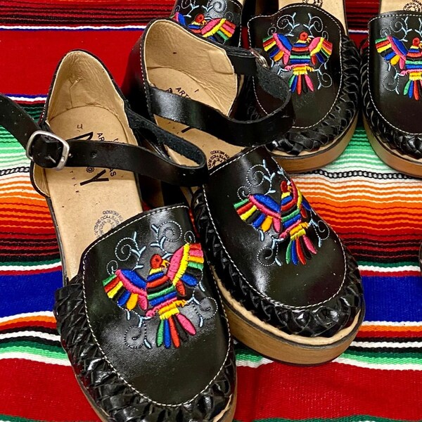 Otomi Embroidered Mexican Wedges Huarache Heels, Womens Summer Huaraches Mexican Artisan Huarache Handmade Leather Heels, Black Friday Deals