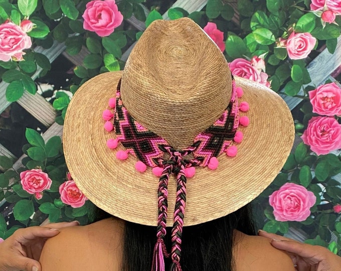 Hand Braided Straw Panama Hat, Handcrafted Mexican Hat, Panama Hat with Pink Pom Poms, Straw Palm Hat, Oaxacan Zapotec Hat Belt Traditional