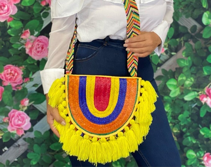 Rainbow Yellow Mexican Palm Bag, Handmade Mexican Purse, Purse with Tassels, Hand Knit Strap, Oaxacan Style Bag, Traditional Artisanal Bag