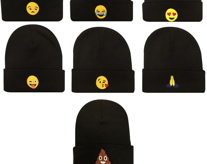 New Symbol Smileys Emoticon Face Embroidered Black Beanies Cuff Neck Cap Hat