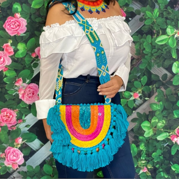 Rainbow Turquoise Mexican Palm Bags, Handmade Mexican Purse, Bag with Tassels, Hand Knit Strap, Oaxacan Style Bag, Traditional Artisanal Bag