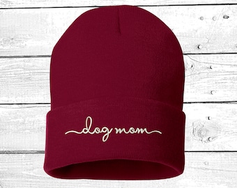 Dog Mom Embroidered Beanie, Cuffed Knit Cap, Pet Lover Gift