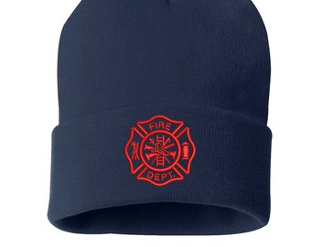Fireman Skull Beanie Hat, Winter Hat Fire Department Cap, Embroidered Beanie Cuffed Cap, Messy Bun Beanie, Slouch Beanie Firefighter Beanies