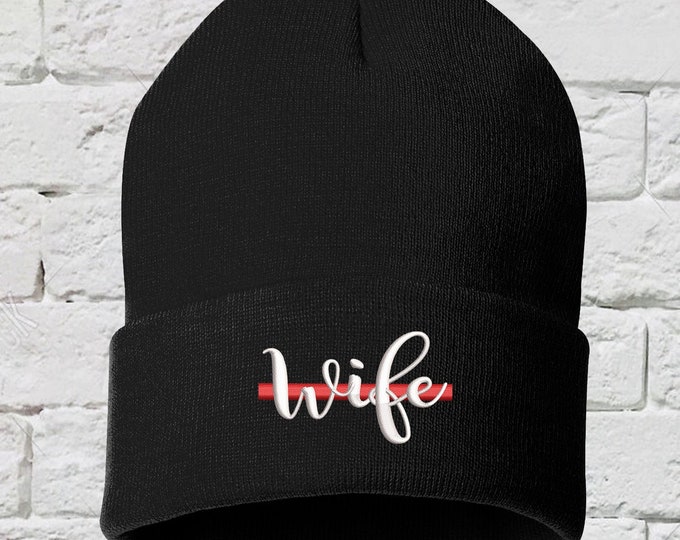 Red Line Wife Cuffed Beanie Hat, Firefighter Wife Beanie, Thin Red Line Hat, Fireman Pride, Fire Department Pride, Red Stripe Beanie