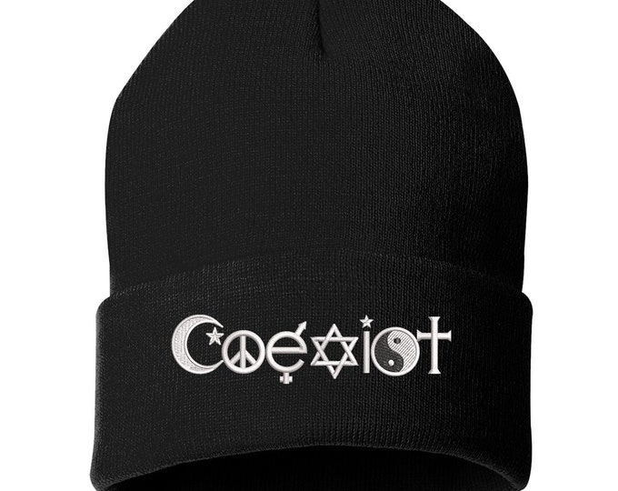 Coexist Unisex Cuffed Beanie, Coexist Beanie, Coexist Hat, Cuffed Beanie Hat, Peace Beanie, Faith Beanie, Love Beanie, Embroidered Beanie