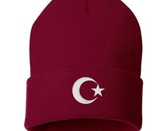 Crescent Star Unisex Cuffed Beanie Hat, Unisex Beanie, Embroidered
