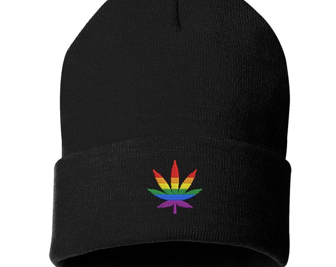 Weed Pride Flag Cuffed Beanie Hat, Marijuana Pride Flag Beanie, Pride Hat, LGBTQ+ Hats, LGBTQ+ Wear, Rainbow Flag Beanie, Rainbow Cap